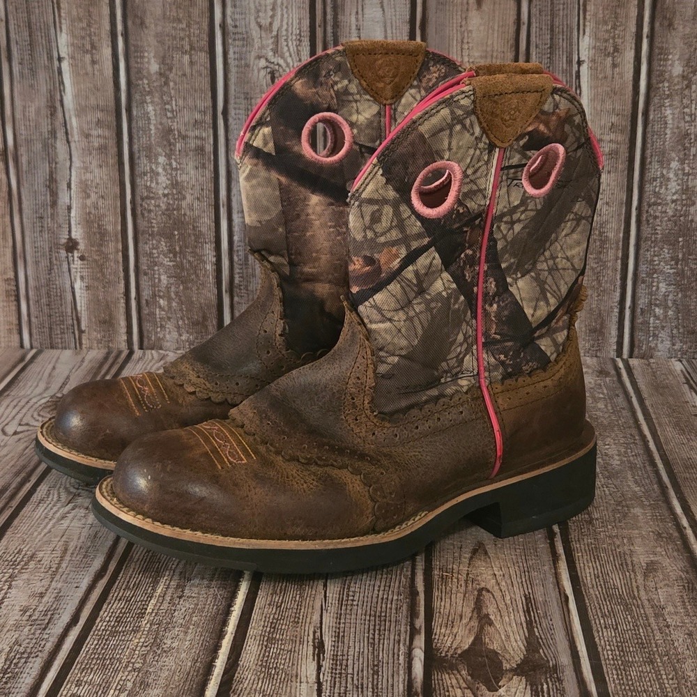Sz 7 B Women Ariat Fatbaby Camo Brown Pink RealTree Western Riding Boots VGUC